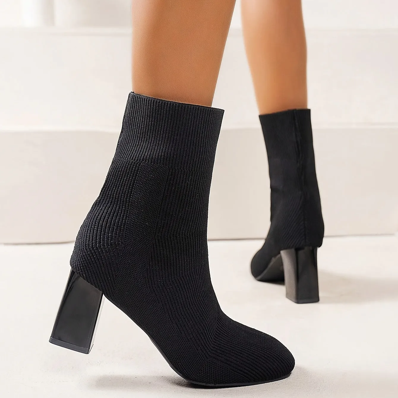 Stylish Knitted Block Heel Boots