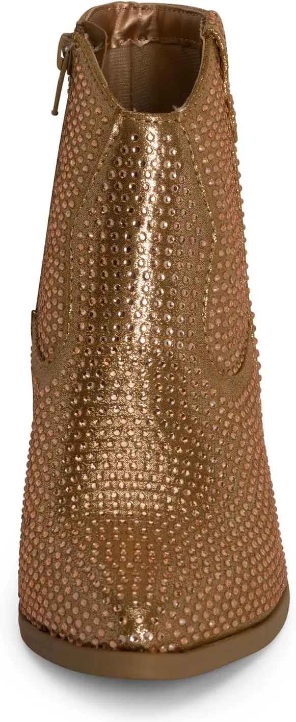 STYLISH S BLING ~ Womens Sparkly Rhinestone Western Cowgirl Ankle Boots Low Stacked Heel Pointed Toe with Side Zipper