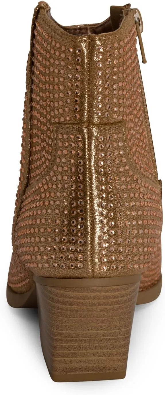 STYLISH S BLING ~ Womens Sparkly Rhinestone Western Cowgirl Ankle Boots Low Stacked Heel Pointed Toe with Side Zipper