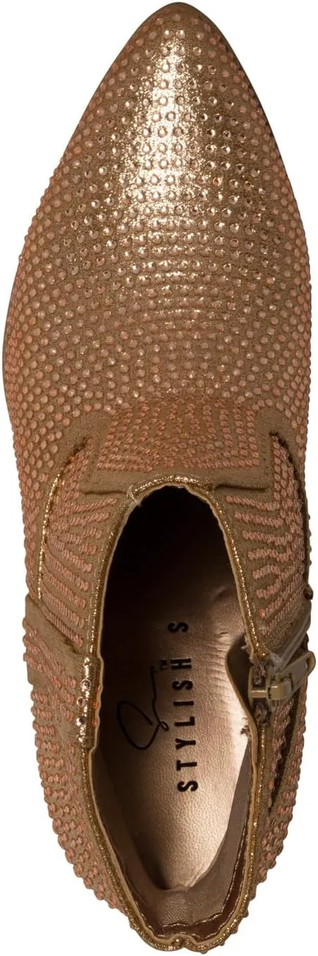 STYLISH S BLING ~ Womens Sparkly Rhinestone Western Cowgirl Ankle Boots Low Stacked Heel Pointed Toe with Side Zipper