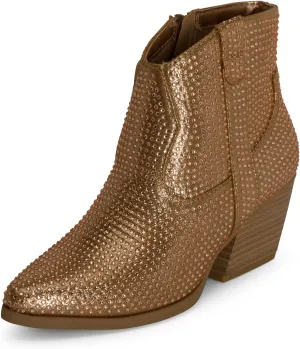 STYLISH S BLING ~ Womens Sparkly Rhinestone Western Cowgirl Ankle Boots Low Stacked Heel Pointed Toe with Side Zipper