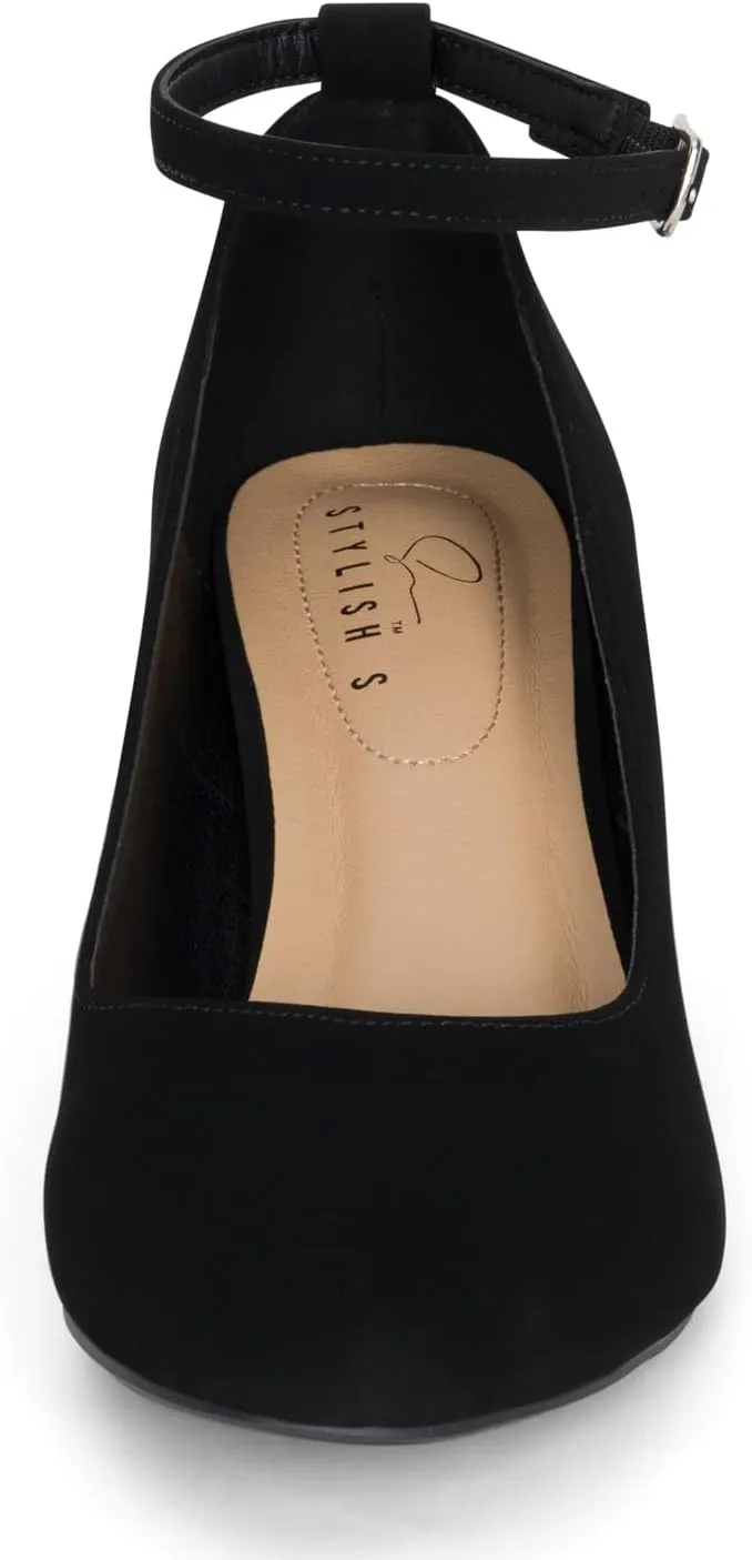 STYLISH S Hype ~ Women's Closed Round Toe Adjustable Ankle Strap Low Chuncky Block Heel Pumps Shoes