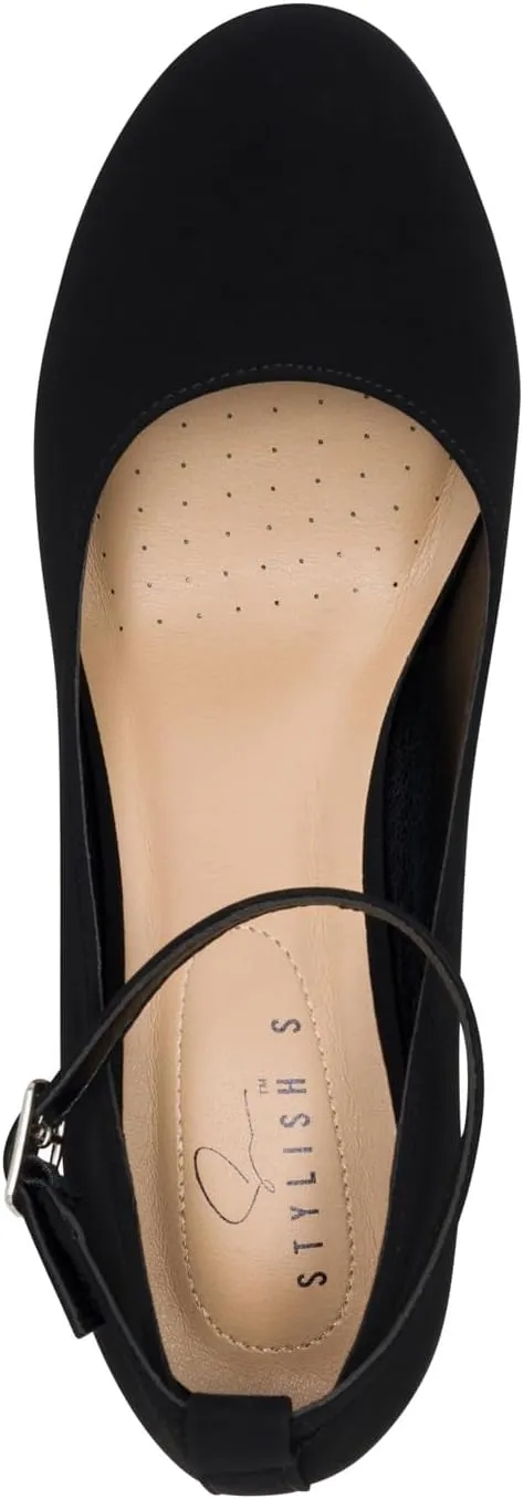 STYLISH S Hype ~ Women's Closed Round Toe Adjustable Ankle Strap Low Chuncky Block Heel Pumps Shoes