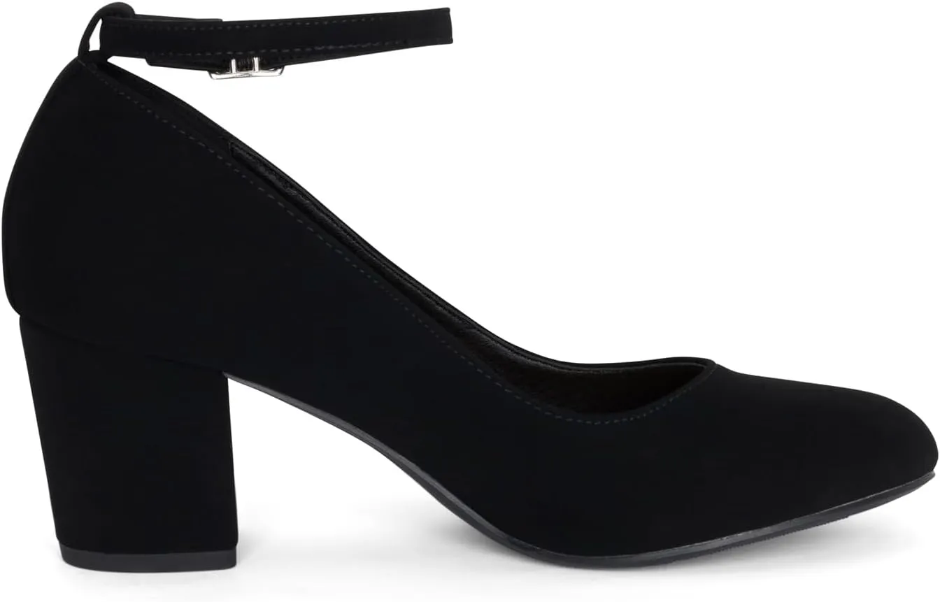 STYLISH S Hype ~ Women's Closed Round Toe Adjustable Ankle Strap Low Chuncky Block Heel Pumps Shoes