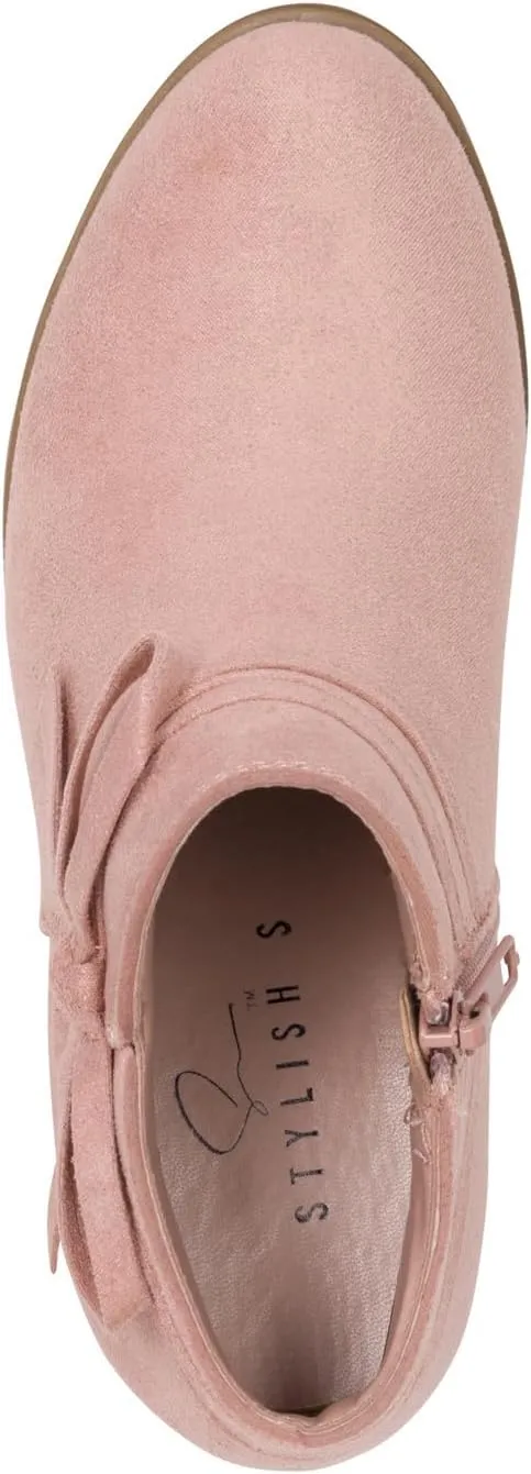 STYLISH S MIRLO-K ~ Little Girls Low Stacked Heel Almond Toe Ankle Booties With Side Zipper And Bow Tie