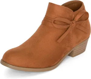 STYLISH S MIRLO-K ~ Little Girls Low Stacked Heel Almond Toe Ankle Booties With Side Zipper And Bow Tie