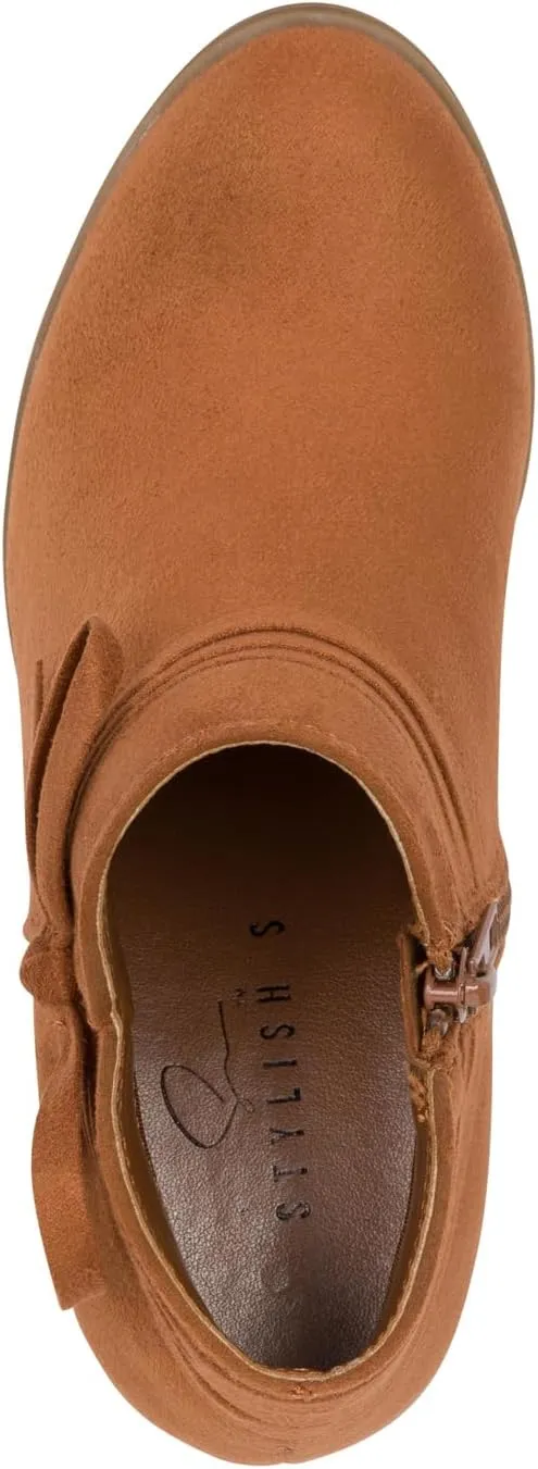 STYLISH S MIRLO-K ~ Little Girls Low Stacked Heel Almond Toe Ankle Booties With Side Zipper And Bow Tie