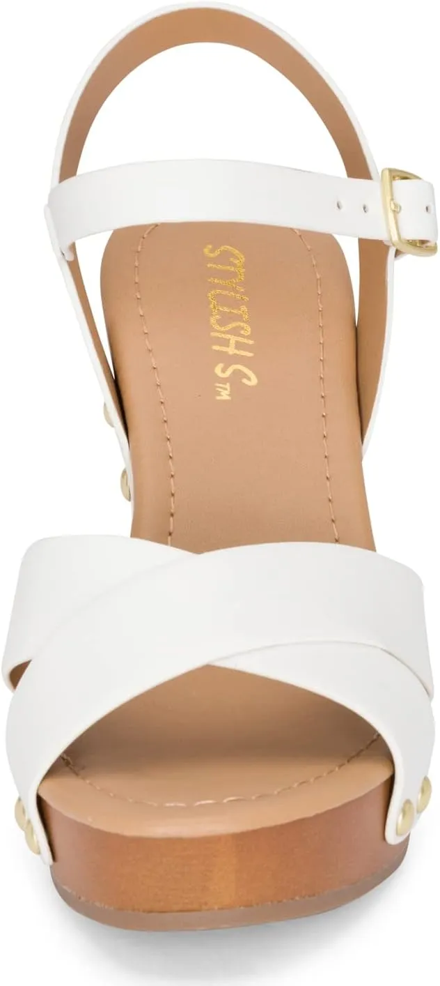 STYLISH S SHIFT - Womens Open Toe Studded Double Cross Band Ankle Strap Faux Wood Platform Heel Sandals