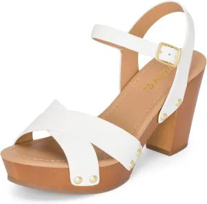 STYLISH S SHIFT - Womens Open Toe Studded Double Cross Band Ankle Strap Faux Wood Platform Heel Sandals