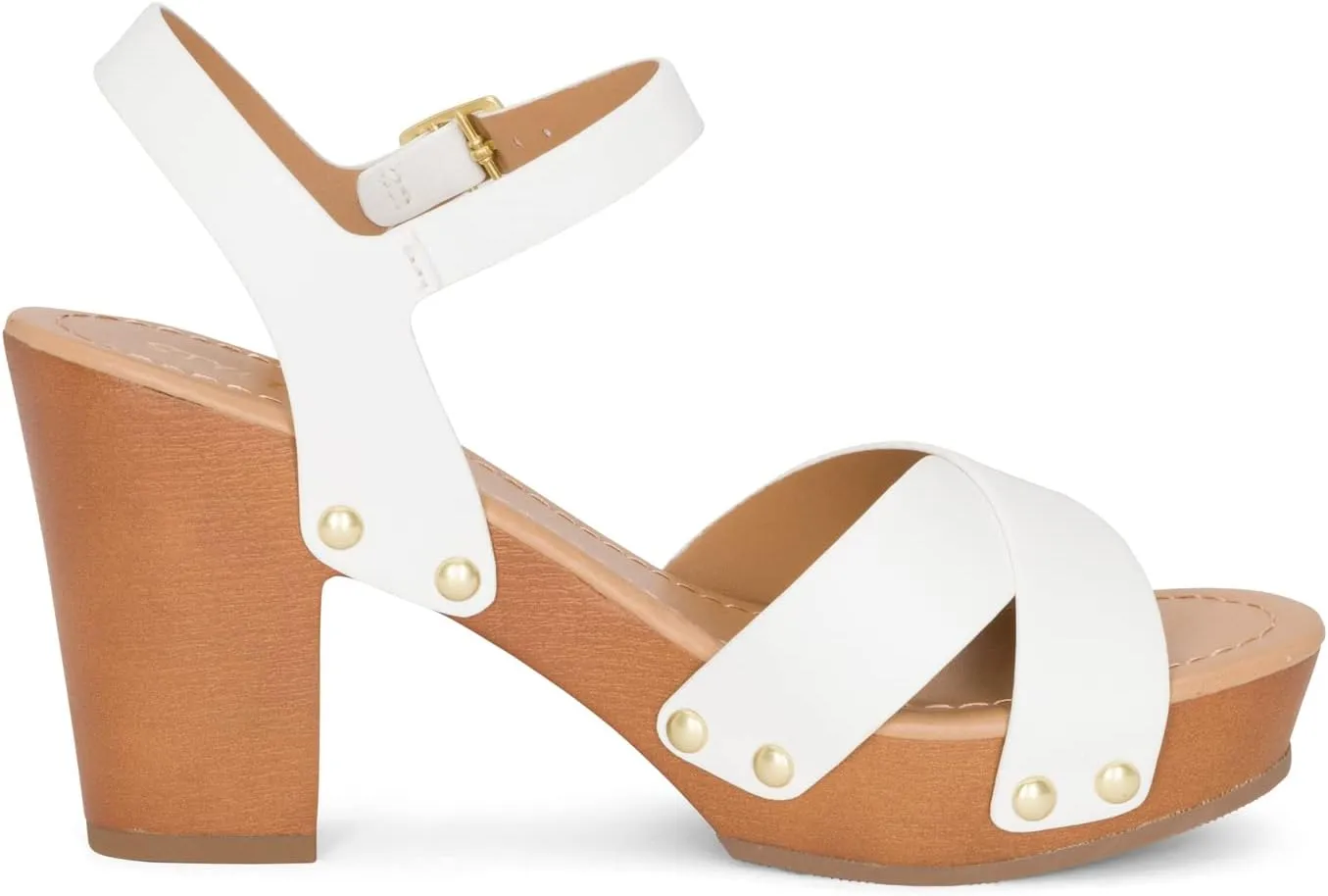 STYLISH S SHIFT - Womens Open Toe Studded Double Cross Band Ankle Strap Faux Wood Platform Heel Sandals