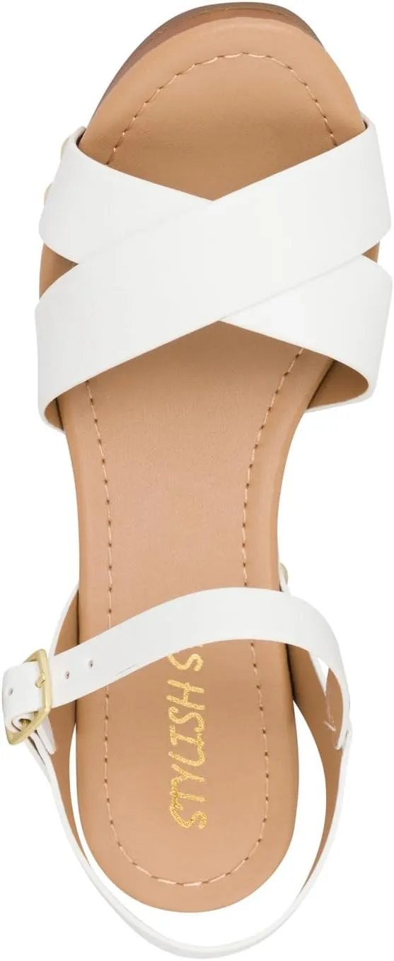 STYLISH S SHIFT - Womens Open Toe Studded Double Cross Band Ankle Strap Faux Wood Platform Heel Sandals