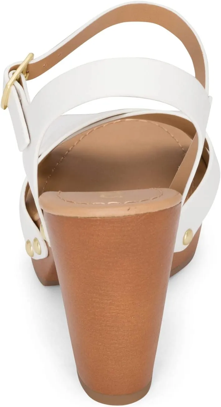 STYLISH S SHIFT - Womens Open Toe Studded Double Cross Band Ankle Strap Faux Wood Platform Heel Sandals