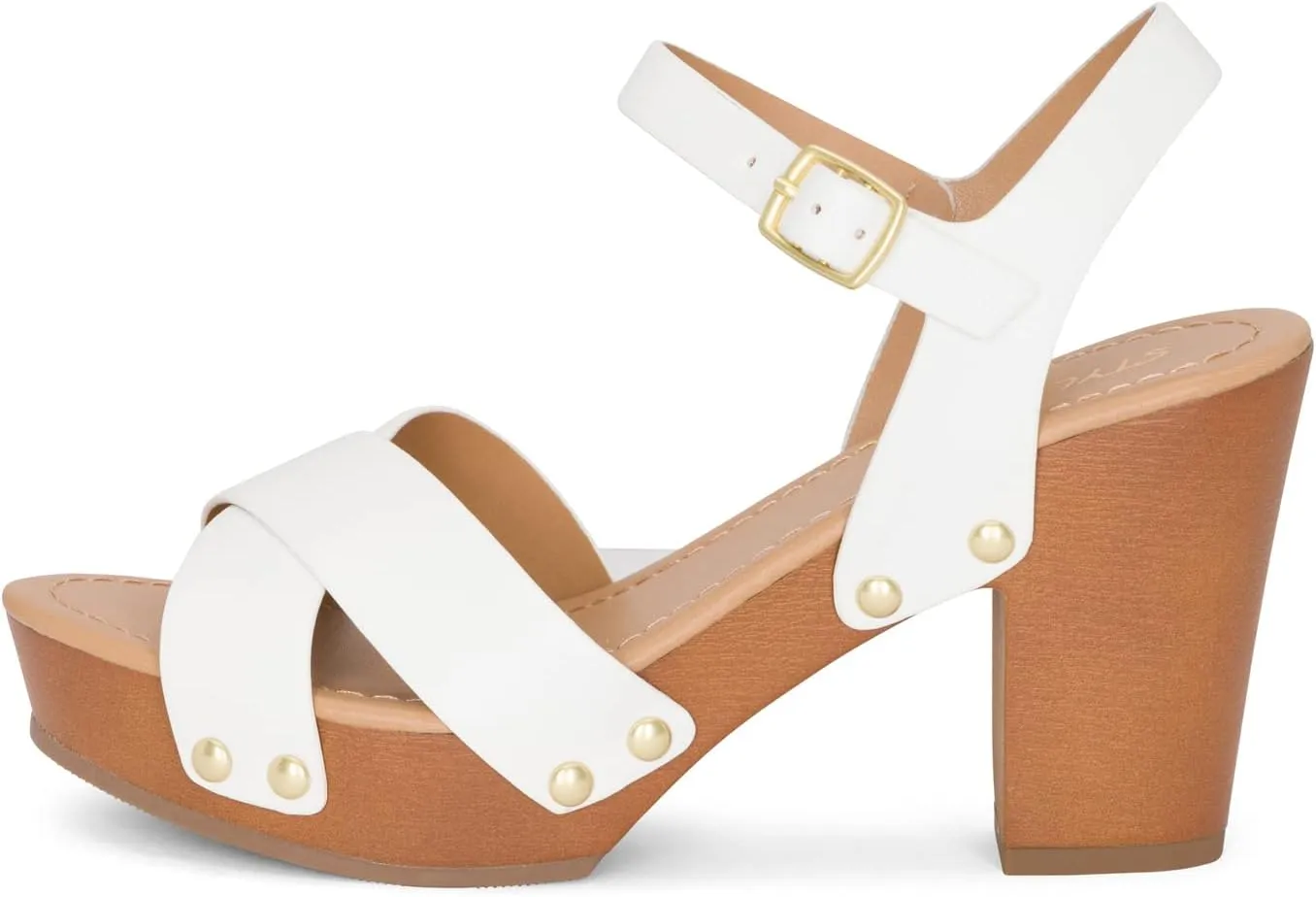 STYLISH S SHIFT - Womens Open Toe Studded Double Cross Band Ankle Strap Faux Wood Platform Heel Sandals