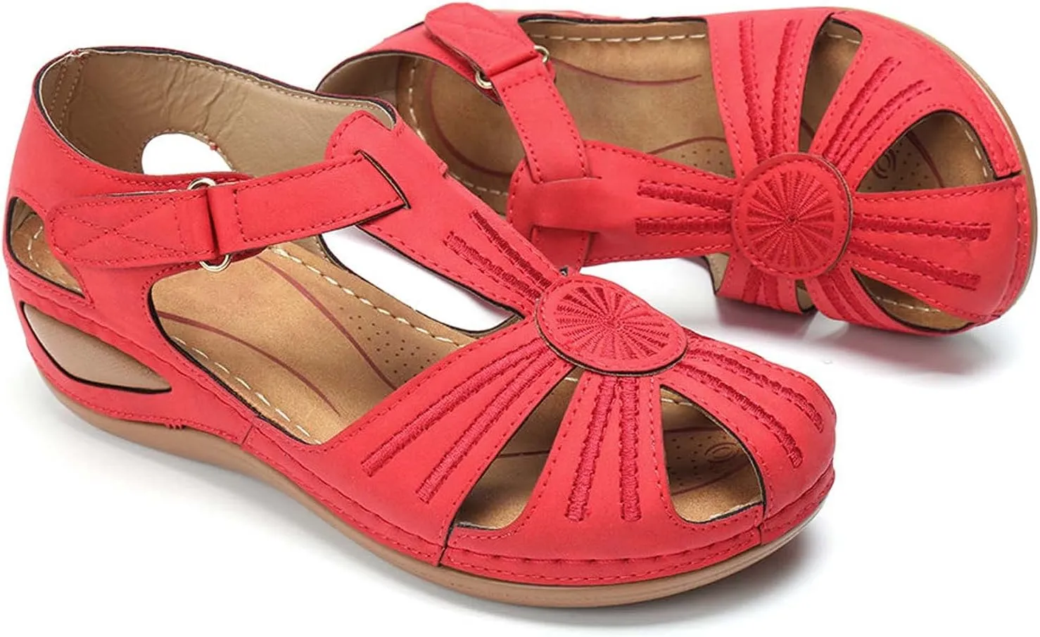 Summer Hollow Sandals for Women Comfortable Wedge Flower Embroidery Round Toe Closed Toe Hook & Loop Buckle Sandals Casual Soft Sole Beach Shoes