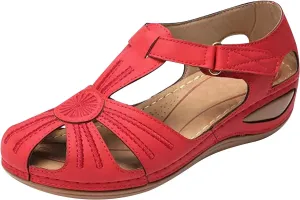 Summer Hollow Sandals for Women Comfortable Wedge Flower Embroidery Round Toe Closed Toe Hook & Loop Buckle Sandals Casual Soft Sole Beach Shoes