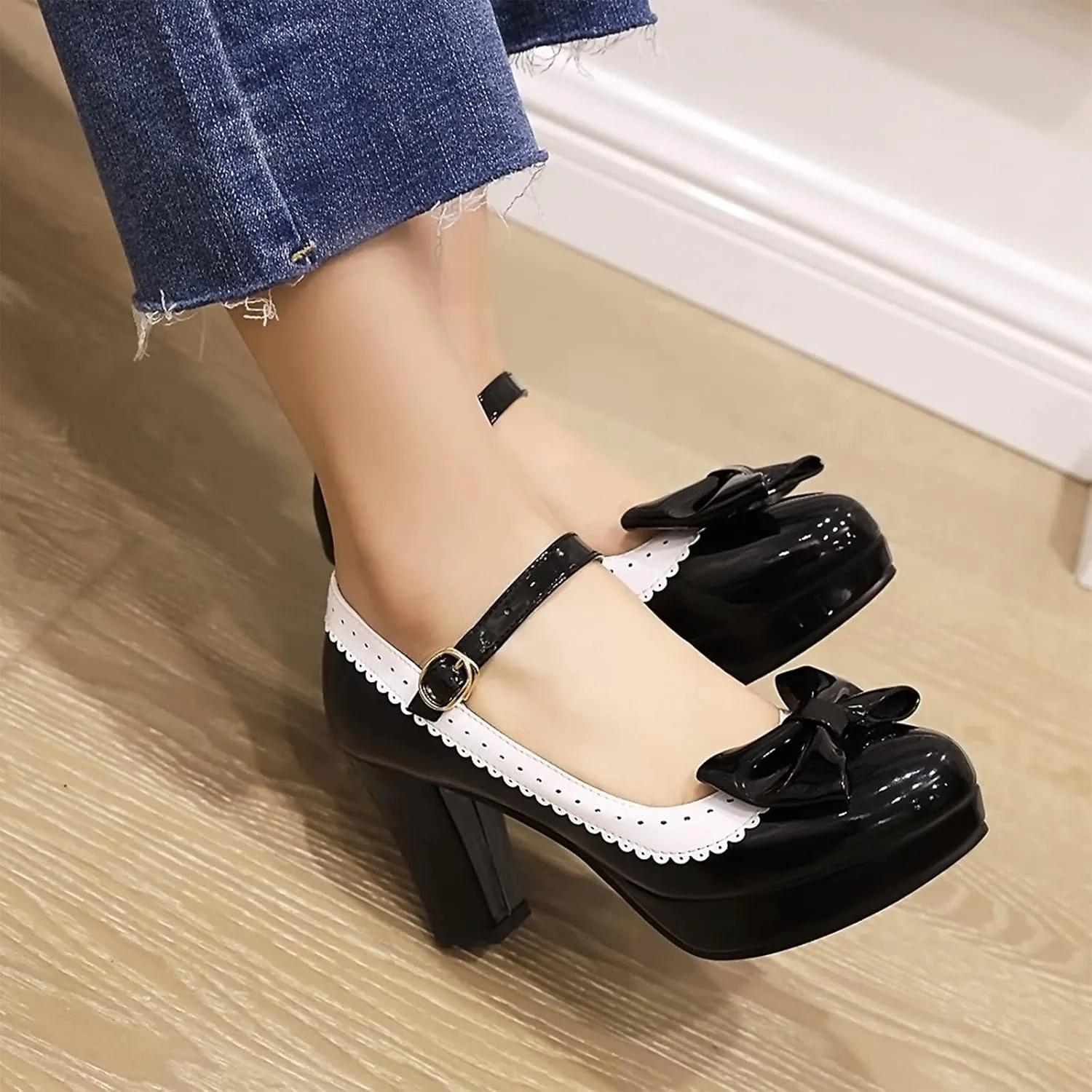 Sungtin Women's Sweet Kawaii Bow Lolita High Heels,Vintage Ankle Buckle Chunky Heels Pumps Mary Jane Platform Shoes