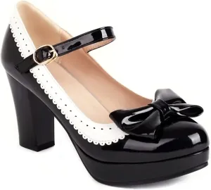 Sungtin Women's Sweet Kawaii Bow Lolita High Heels,Vintage Ankle Buckle Chunky Heels Pumps Mary Jane Platform Shoes