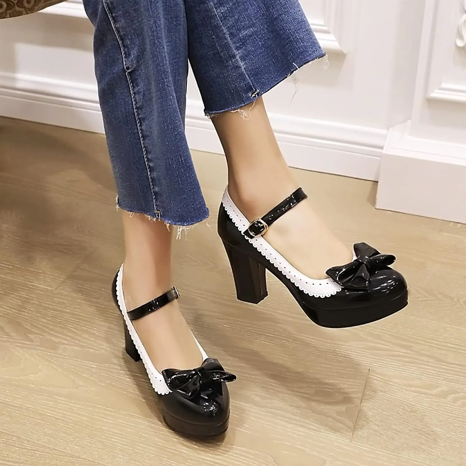 Sungtin Women's Sweet Kawaii Bow Lolita High Heels,Vintage Ankle Buckle Chunky Heels Pumps Mary Jane Platform Shoes