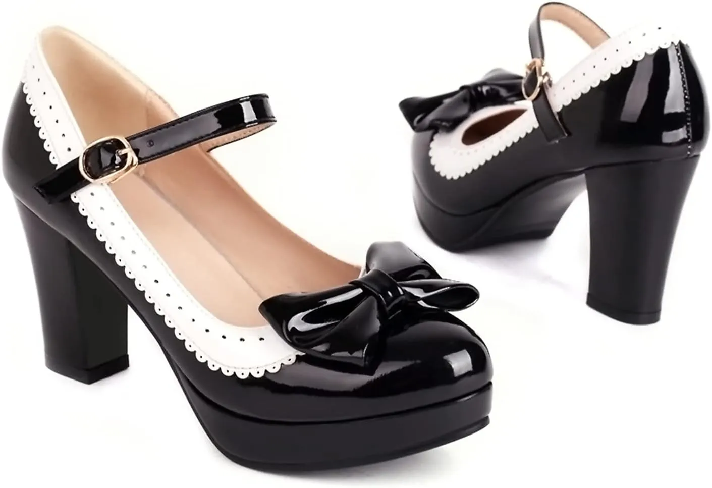 Sungtin Women's Sweet Kawaii Bow Lolita High Heels,Vintage Ankle Buckle Chunky Heels Pumps Mary Jane Platform Shoes