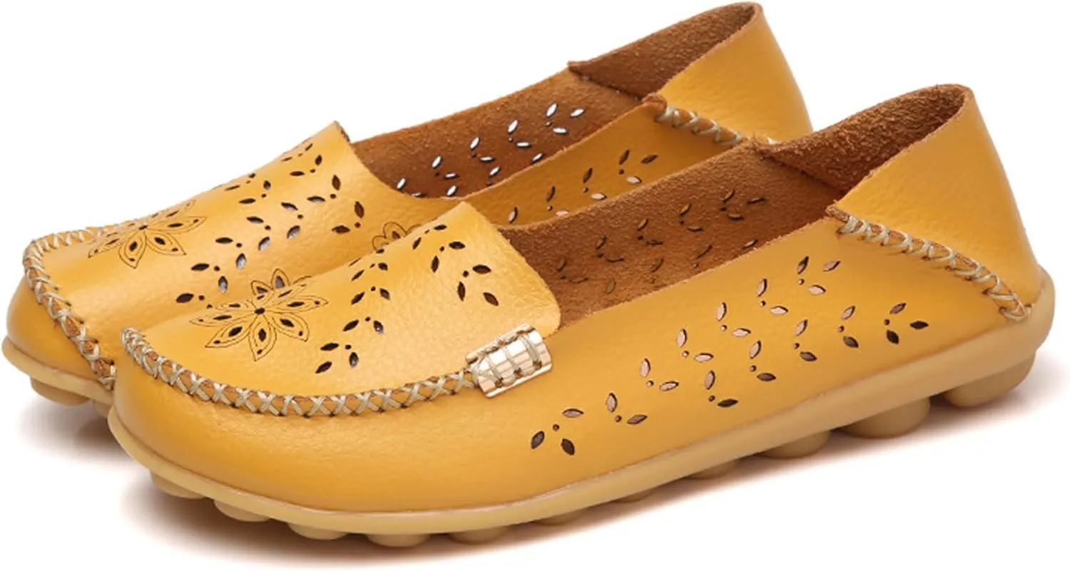 Sunporx Women's Driving Loafers Leather Comfortable Moccasins Breathable Slip On Nurse Loafer Round Toe Wild Walking Fashion Soft Shoes