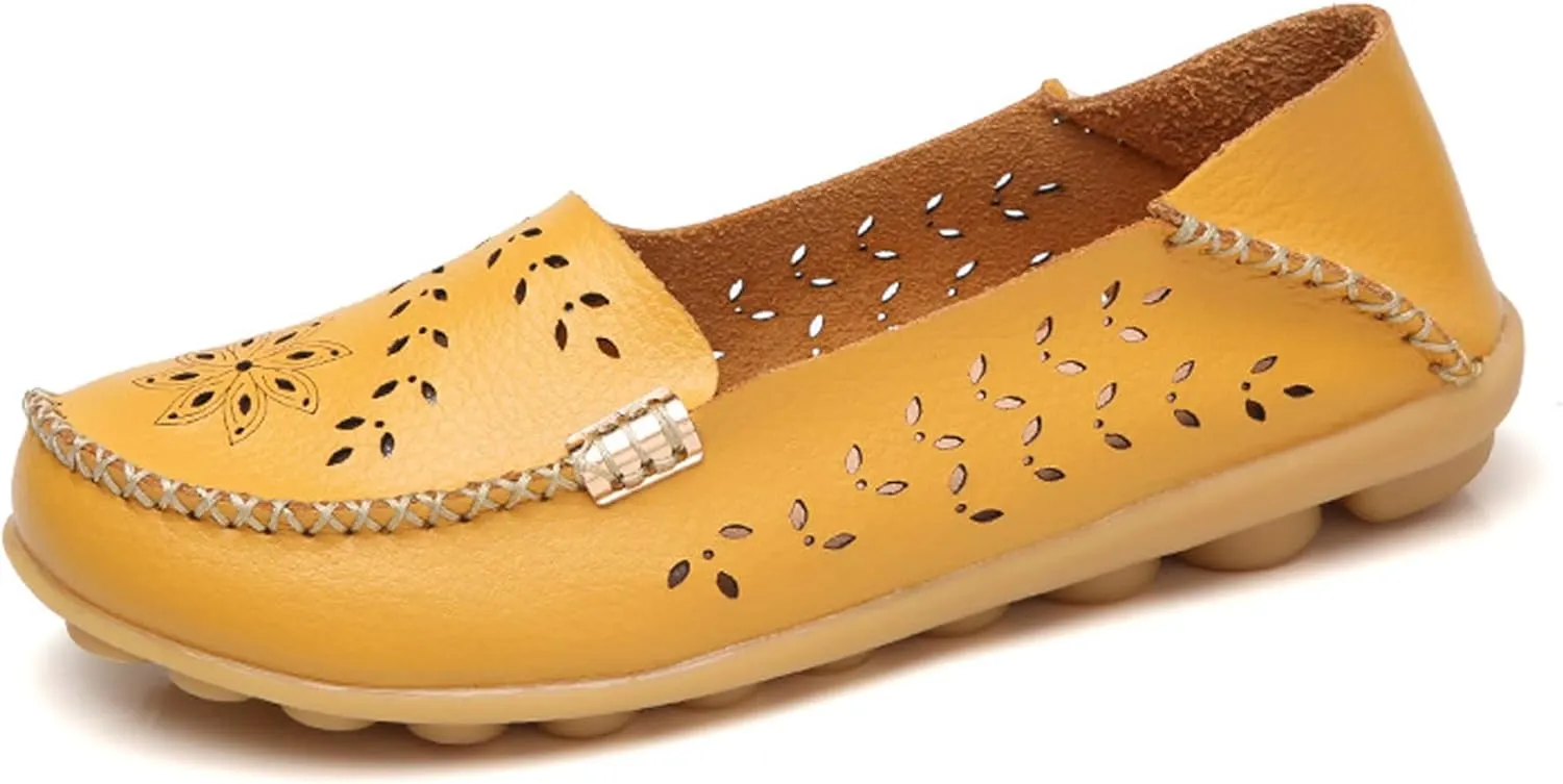 Sunporx Women's Driving Loafers Leather Comfortable Moccasins Breathable Slip On Nurse Loafer Round Toe Wild Walking Fashion Soft Shoes