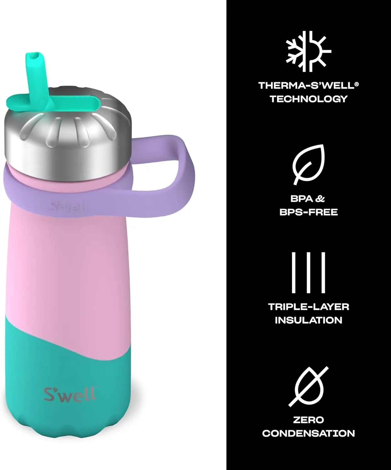 S'well Stainless Steel Traveler with Flip Straw Lid, 16oz, Pastel Paradise, Triple Layered Vacuum Insulated Containers Keeps Drinks Cold for 24 Hours, BPA Free, Easy Carrying On the Go