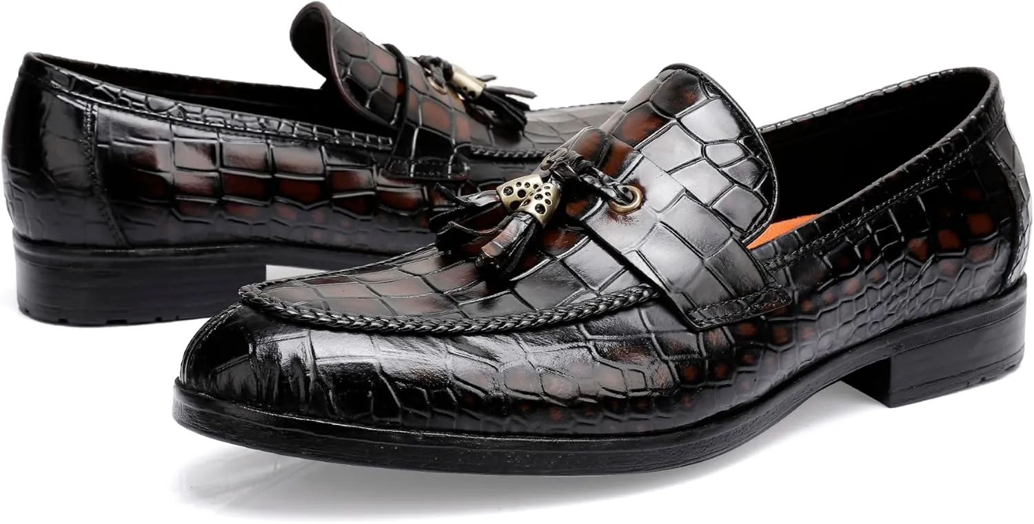 Tassels Loafers for Men, Premium Leather Crocodile Pattern Dress Shoes Slip on Loafers