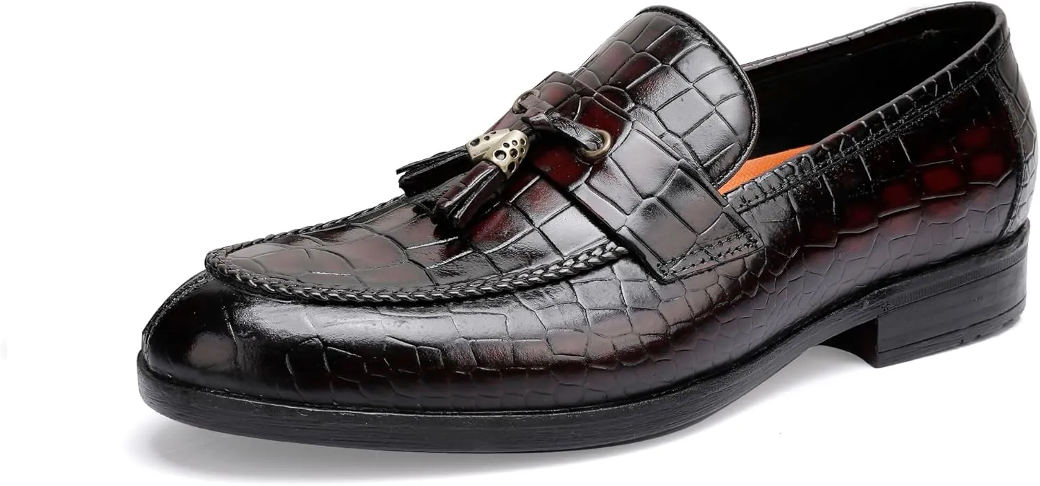 Tassels Loafers for Men, Premium Leather Crocodile Pattern Dress Shoes Slip on Loafers
