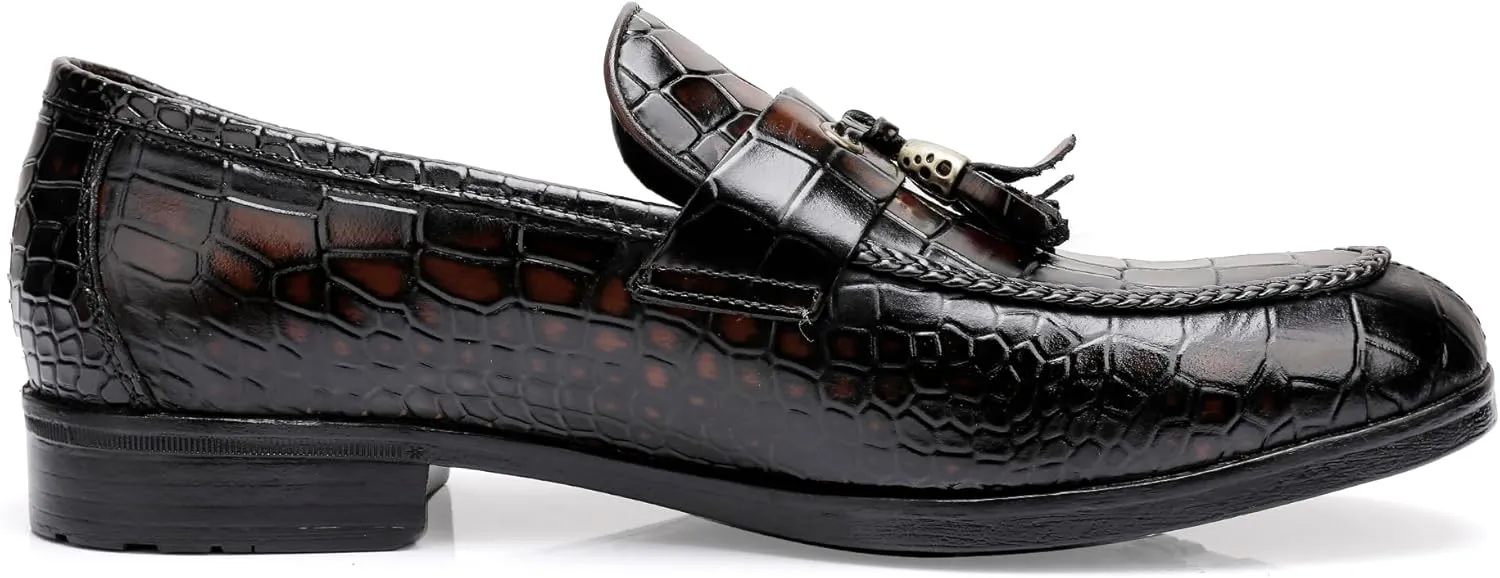 Tassels Loafers for Men, Premium Leather Crocodile Pattern Dress Shoes Slip on Loafers