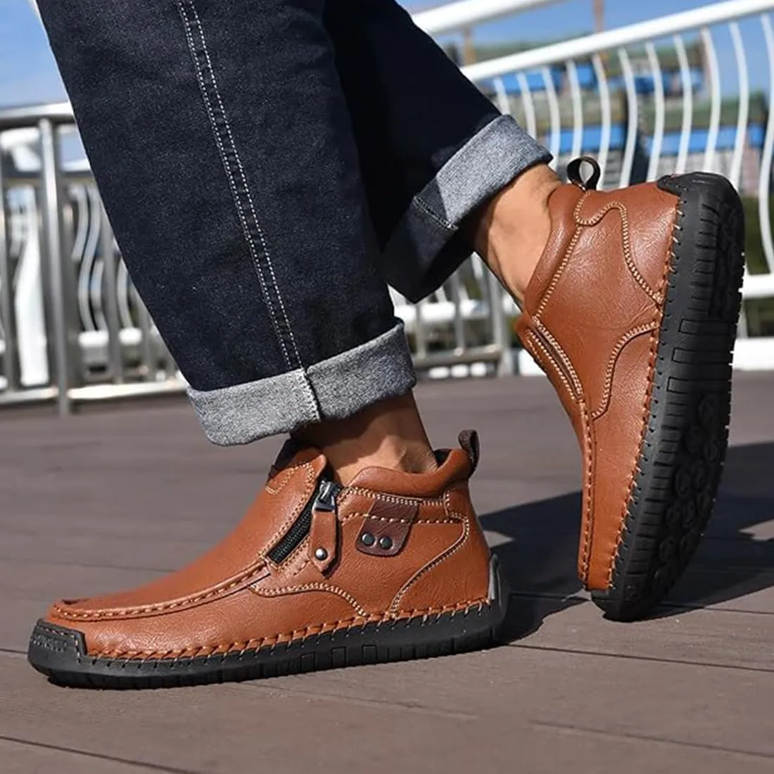 The First Young Driving Boots Men, The First Young Shoes Men, Handmade Premium Leather Slip-On Boots Travel & Outdoor