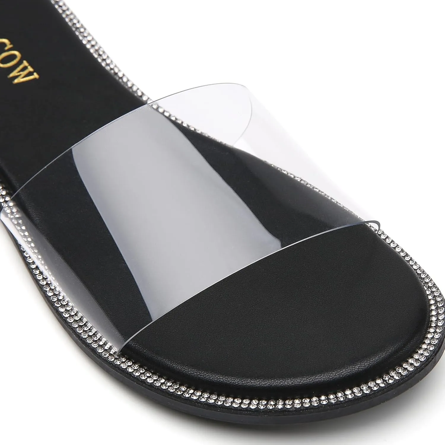 Tilocow Women Clear Sandals for Womens Rhinestone Decor Slides Slip on Bling Sandals Daily Casual Beach Summer Flat Shoes