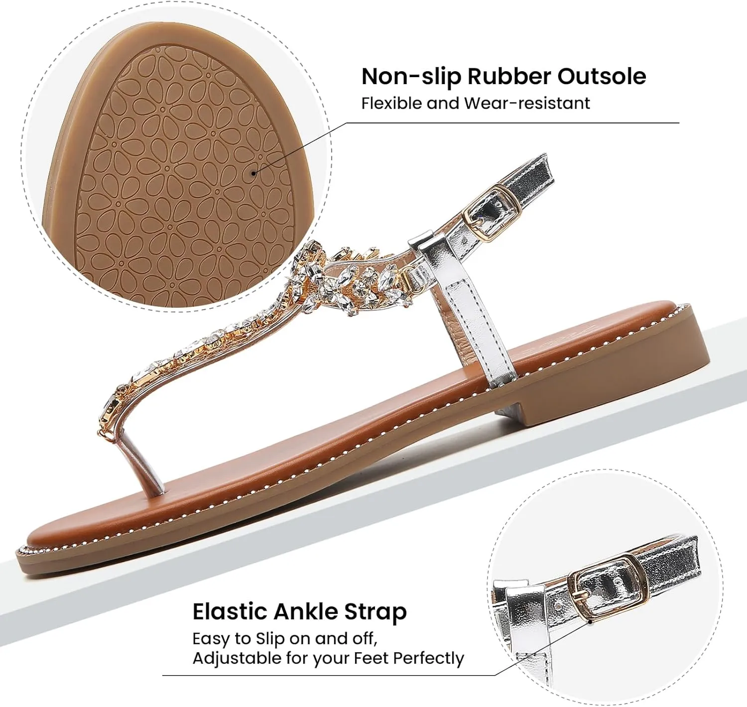 Tilocow Women's Rhinestone Flat Sandals with Rivets Inlaid Bling Flip Flop Sandals with Ankle Strap for Summers Wedding Party Dressy Casual Shoes