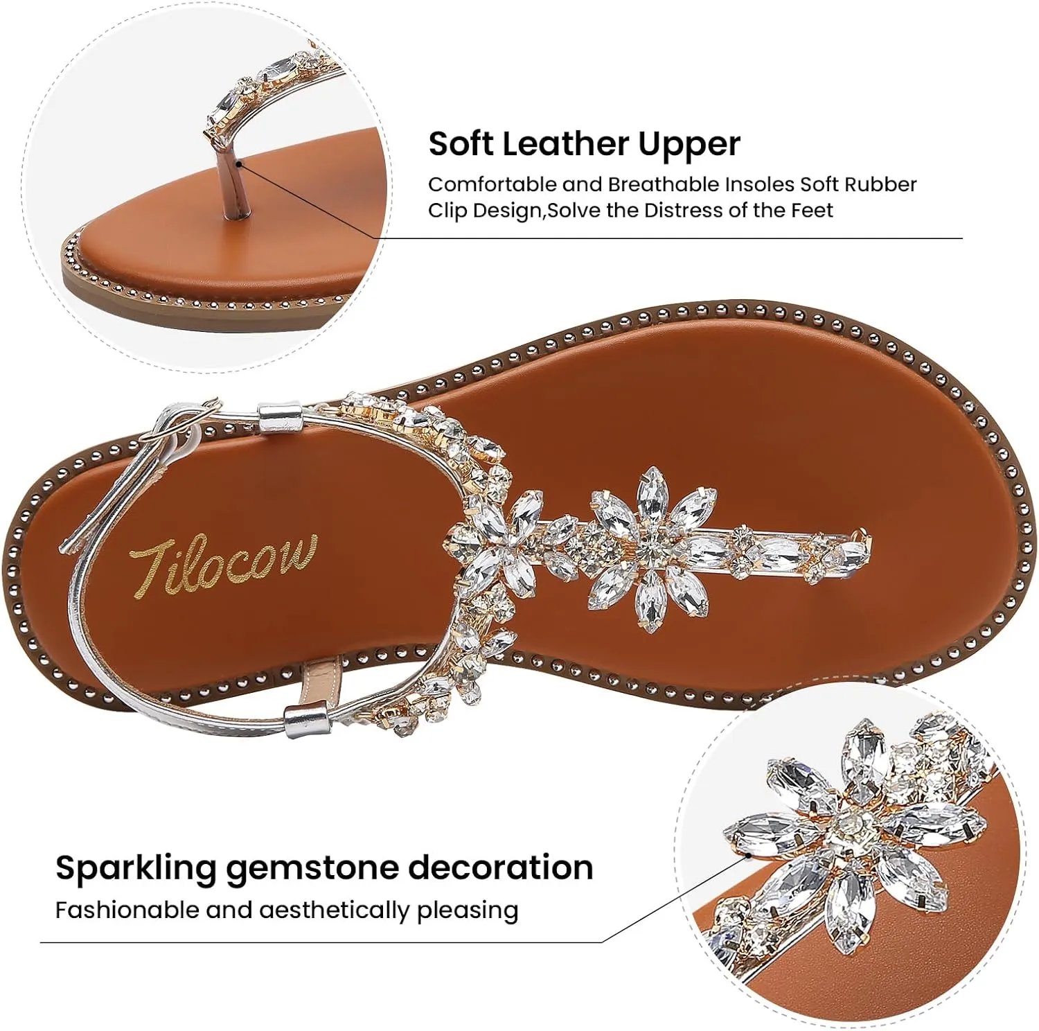Tilocow Women's Rhinestone Flat Sandals with Rivets Inlaid Bling Flip Flop Sandals with Ankle Strap for Summers Wedding Party Dressy Casual Shoes