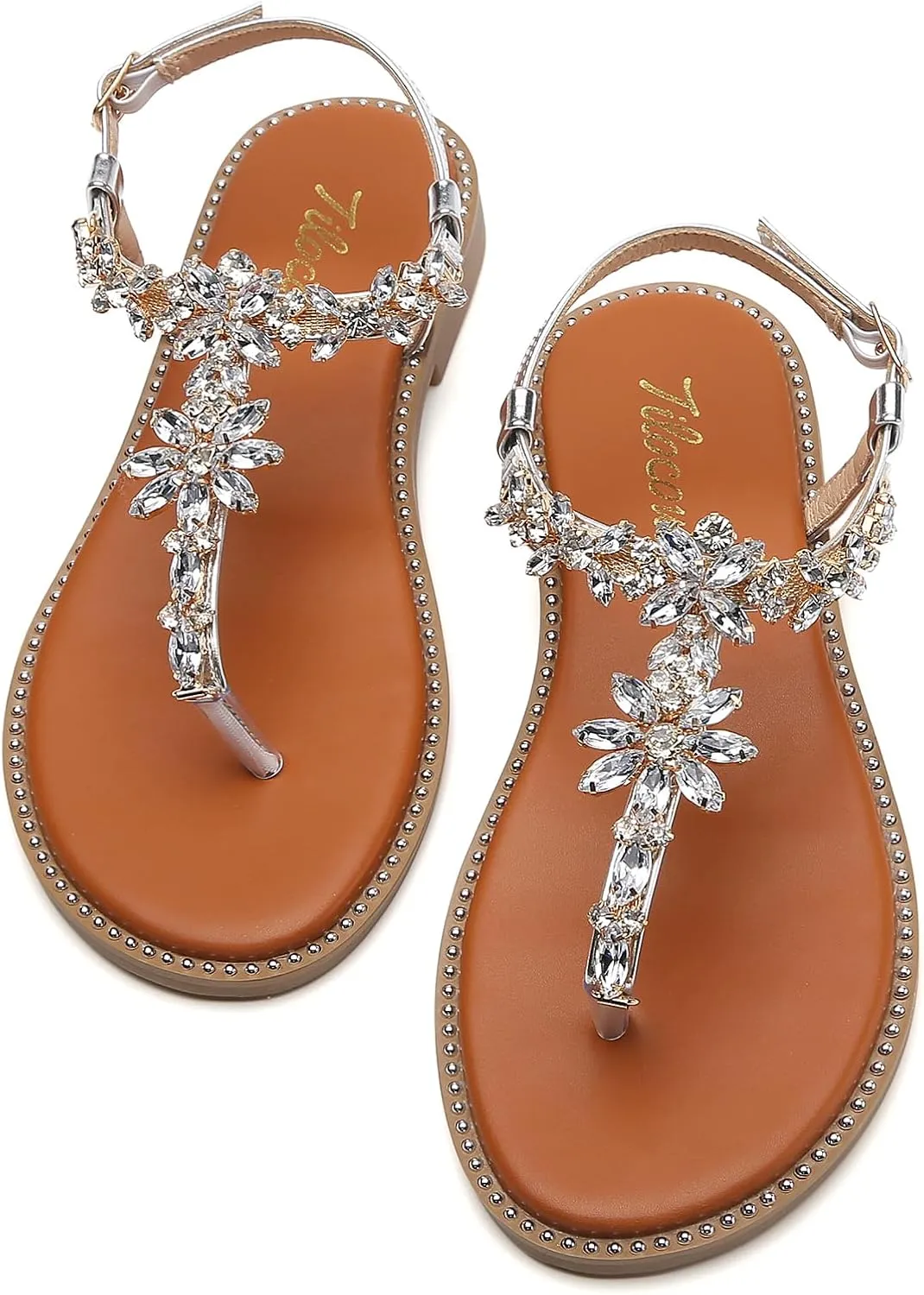 Tilocow Women's Rhinestone Flat Sandals with Rivets Inlaid Bling Flip Flop Sandals with Ankle Strap for Summers Wedding Party Dressy Casual Shoes