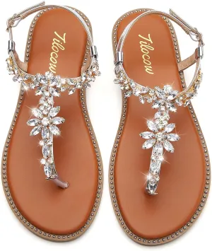 Tilocow Women's Rhinestone Flat Sandals with Rivets Inlaid Bling Flip Flop Sandals with Ankle Strap for Summers Wedding Party Dressy Casual Shoes