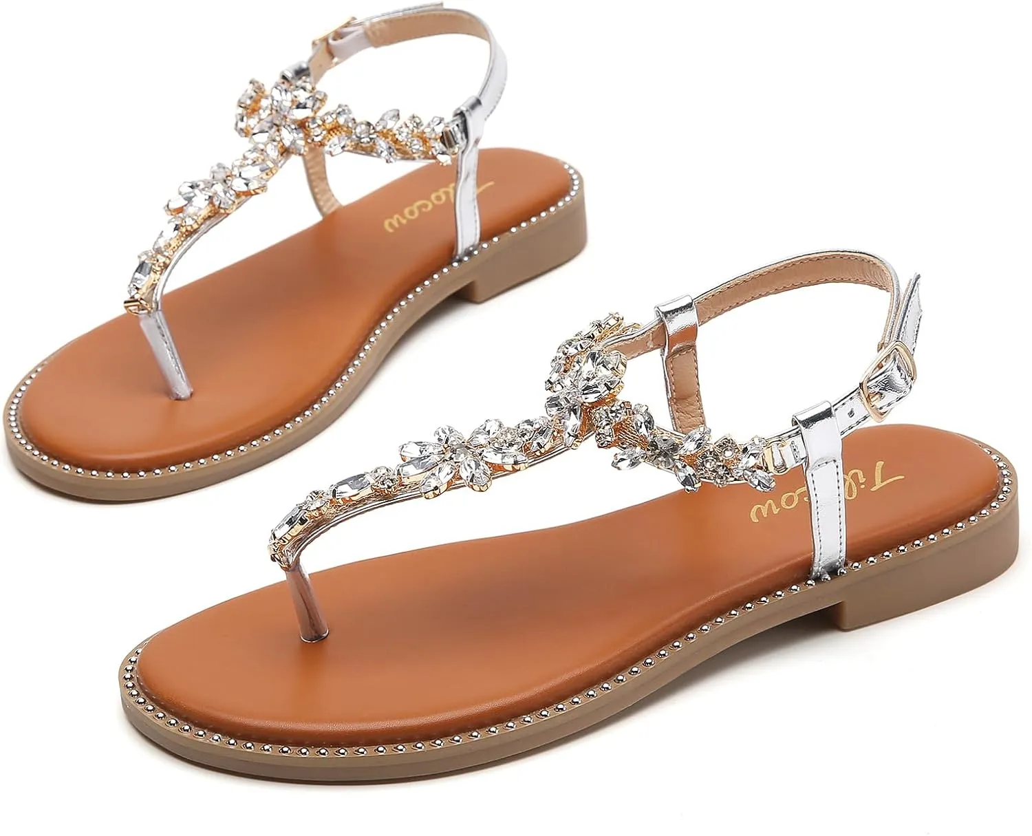 Tilocow Women's Rhinestone Flat Sandals with Rivets Inlaid Bling Flip Flop Sandals with Ankle Strap for Summers Wedding Party Dressy Casual Shoes
