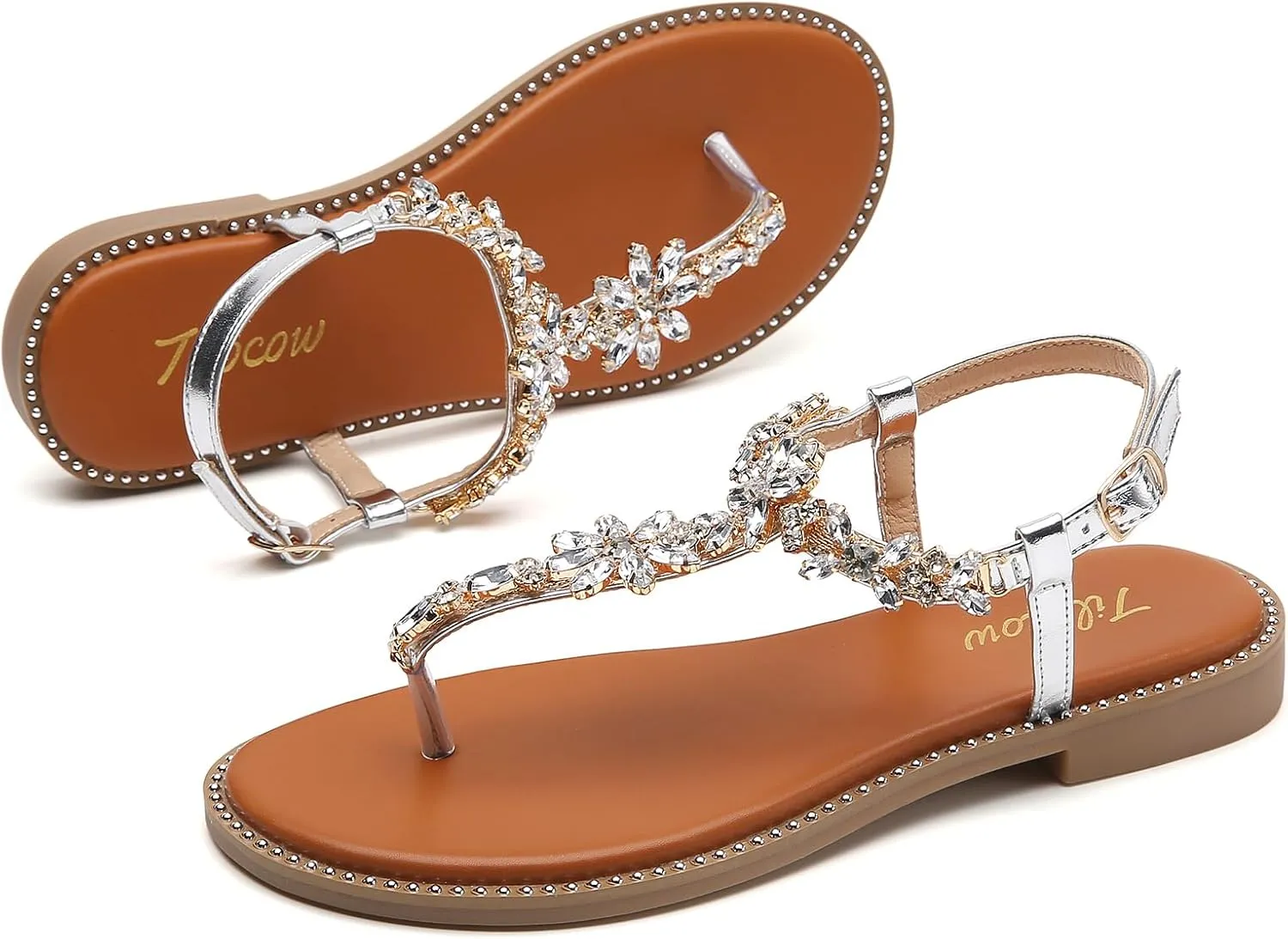 Tilocow Women's Rhinestone Flat Sandals with Rivets Inlaid Bling Flip Flop Sandals with Ankle Strap for Summers Wedding Party Dressy Casual Shoes