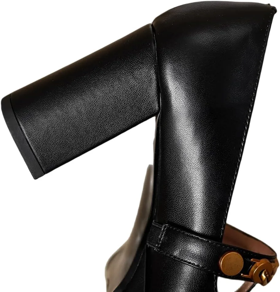 TinaCus Genuine Leather Square Toe Handmade T-Strap Chain High Block Heels Women's Stylish Pumps Shoes