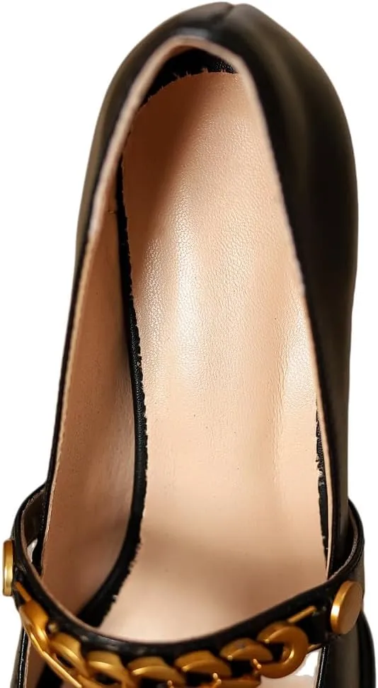 TinaCus Genuine Leather Square Toe Handmade T-Strap Chain High Block Heels Women's Stylish Pumps Shoes
