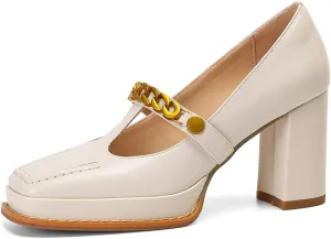 TinaCus Genuine Leather Square Toe Handmade T-Strap Chain High Block Heels Women's Stylish Pumps Shoes
