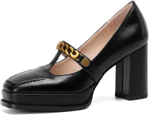TinaCus Genuine Leather Square Toe Handmade T-Strap Chain High Block Heels Women's Stylish Pumps Shoes