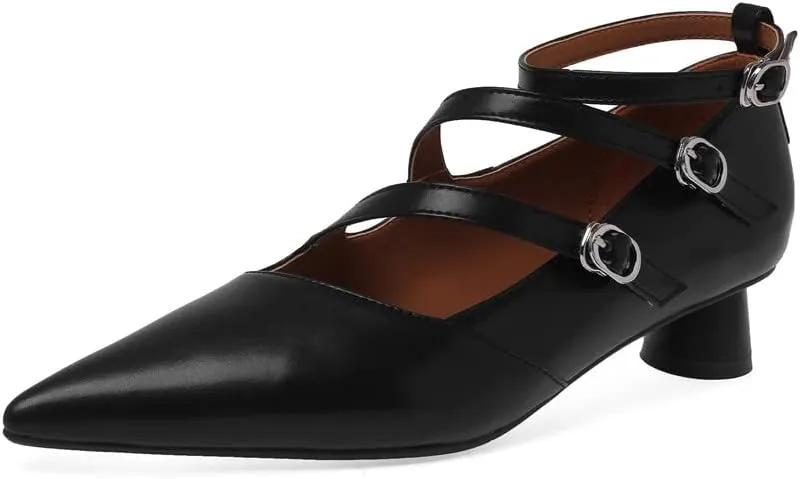 TinaCus Genuine Leather Women's Pointed Toe Handmade Buckle Straps Low Cone Heels Stylish Pumps Shoes