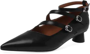 TinaCus Genuine Leather Women's Pointed Toe Handmade Buckle Straps Low Cone Heels Stylish Pumps Shoes
