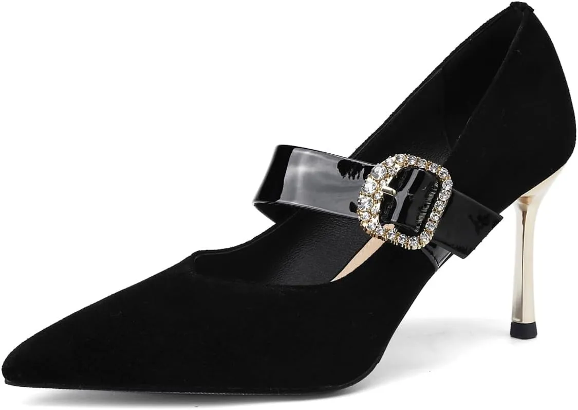 TinaCus Glossy Patent Leather Stileeto High Heels Handmade Crystal Buckle Women's Stylish Pumps Shoes