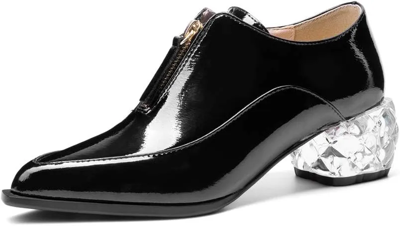 TinaCus Patent Leather Women's Handmade Pointed Toe Unique Transparent Mid Heel Zip Up Stylish Pumps