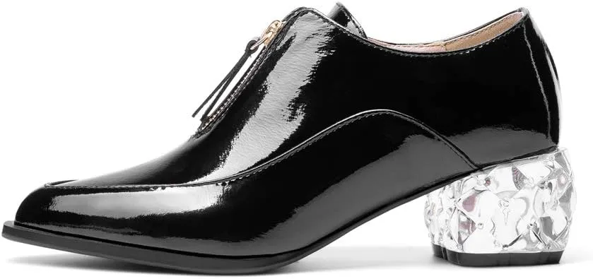 TinaCus Patent Leather Women's Handmade Pointed Toe Unique Transparent Mid Heel Zip Up Stylish Pumps