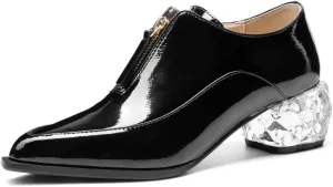 TinaCus Patent Leather Women's Handmade Pointed Toe Unique Transparent Mid Heel Zip Up Stylish Pumps