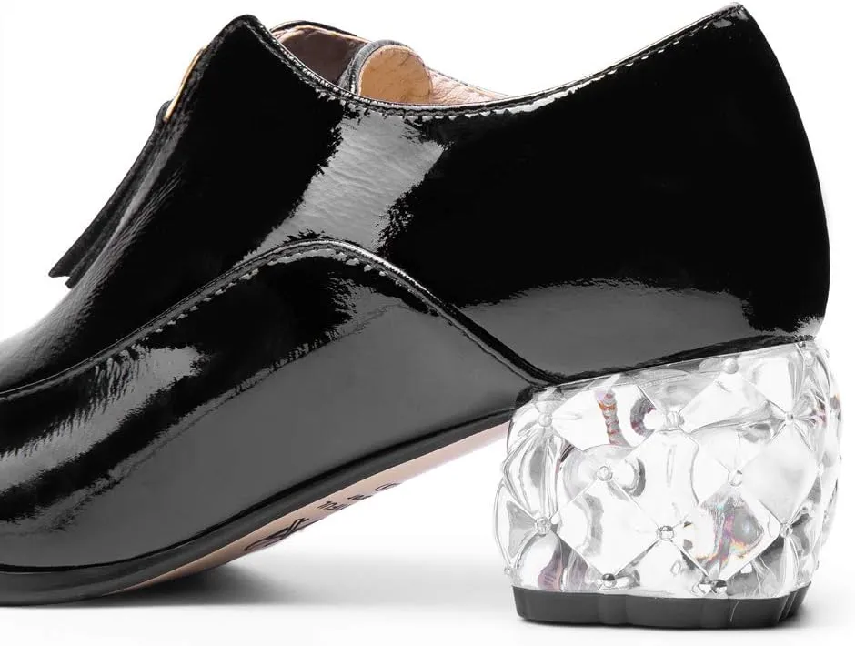 TinaCus Patent Leather Women's Handmade Pointed Toe Unique Transparent Mid Heel Zip Up Stylish Pumps