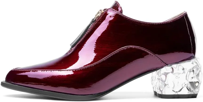 TinaCus Patent Leather Women's Handmade Pointed Toe Unique Transparent Mid Heel Zip Up Stylish Pumps