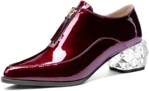 TinaCus Patent Leather Women's Handmade Pointed Toe Unique Transparent Mid Heel Zip Up Stylish Pumps